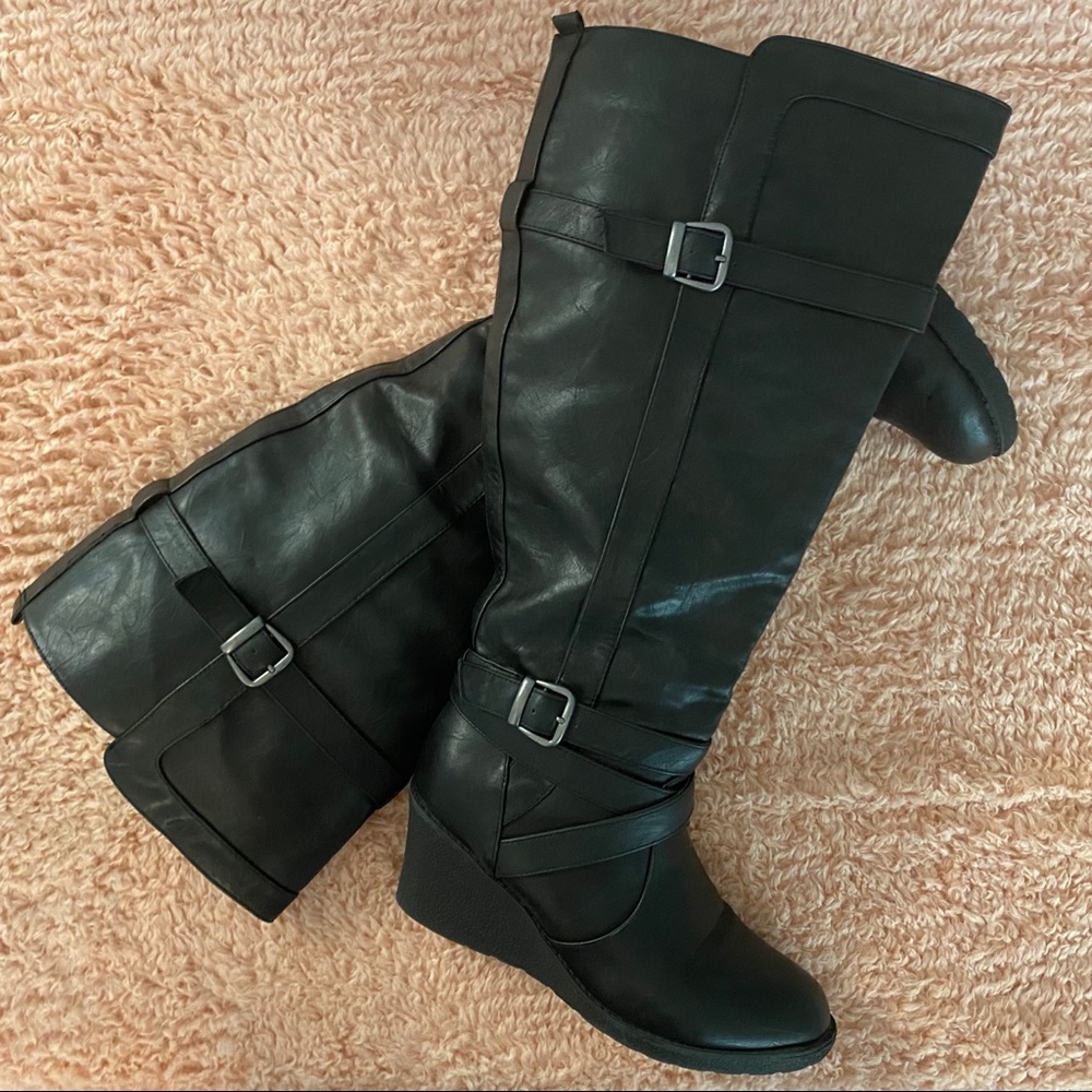 LANE Bryant Knee High Wedge Black Boots 11W EUC